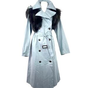 VINTAGE LIGHT BLUE BELTED LONG TRENCH WITH BLACK LONG HAIR FOX FUR MANTLE